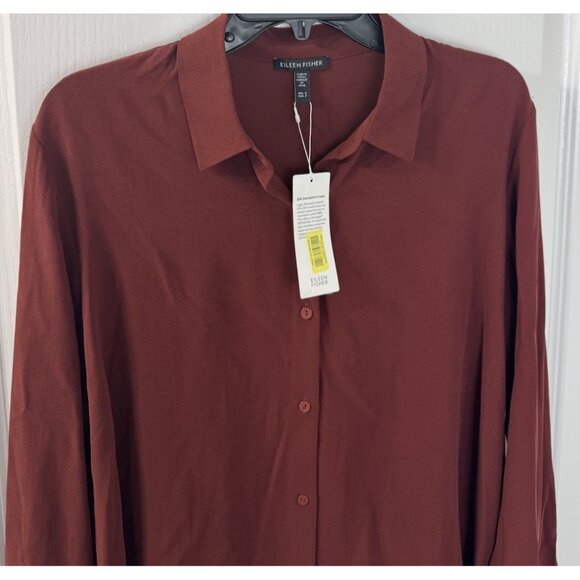 Eileen Fisher Small Redwood Silk Georgette Crepe Classic Collar Shirt NWT $278 - Picture 2 of 13